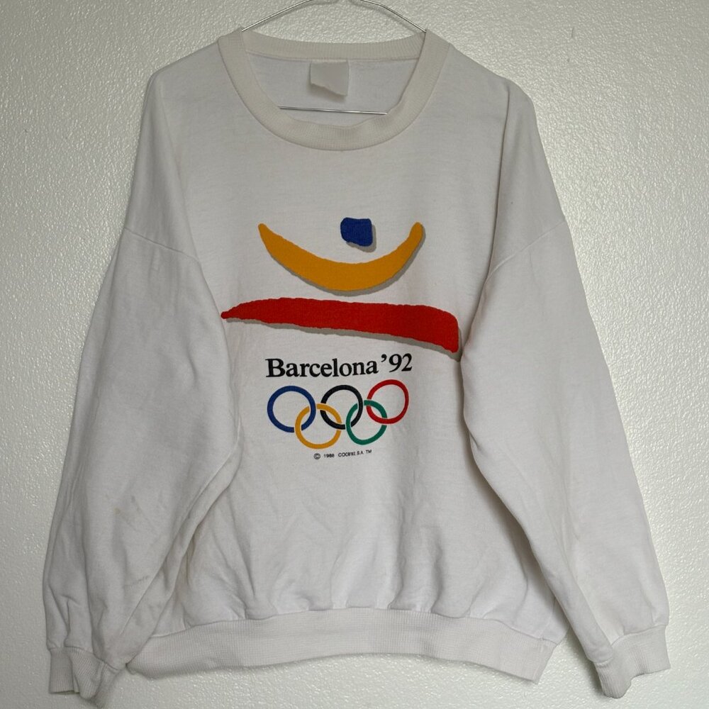 VINTAGE Barcelona '92 Sweatshirt Olympic Games White Front Logo L/XL